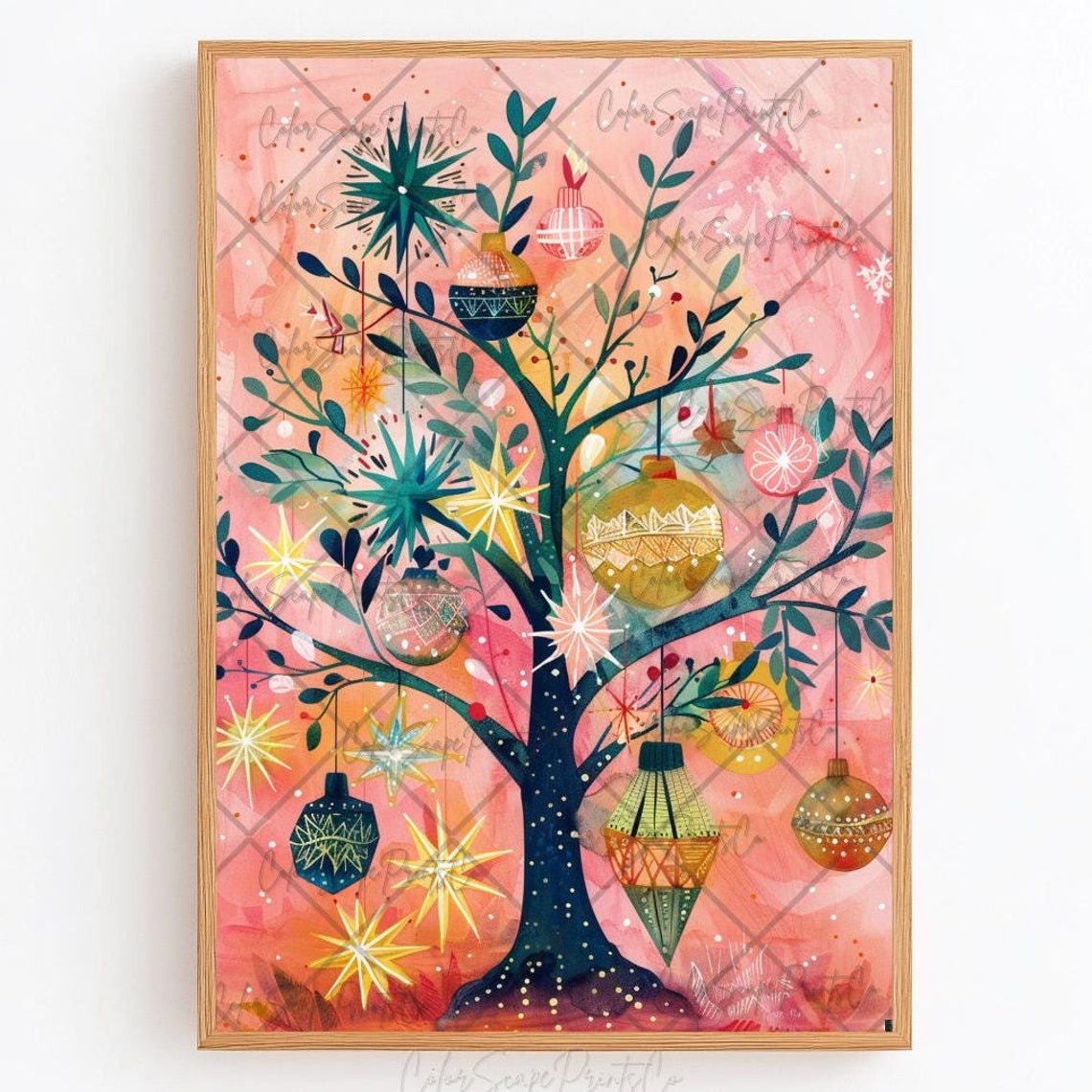 Whimsical Christmas Tree With Ornaments Pink Watercolor Poster