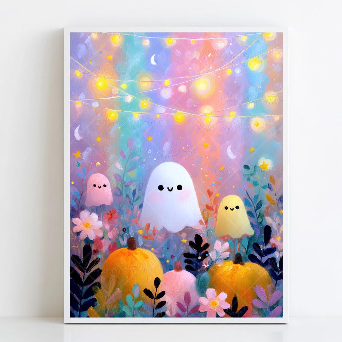 Three Pastel Ghosts Among Pumpkins Under String Lights Poster
