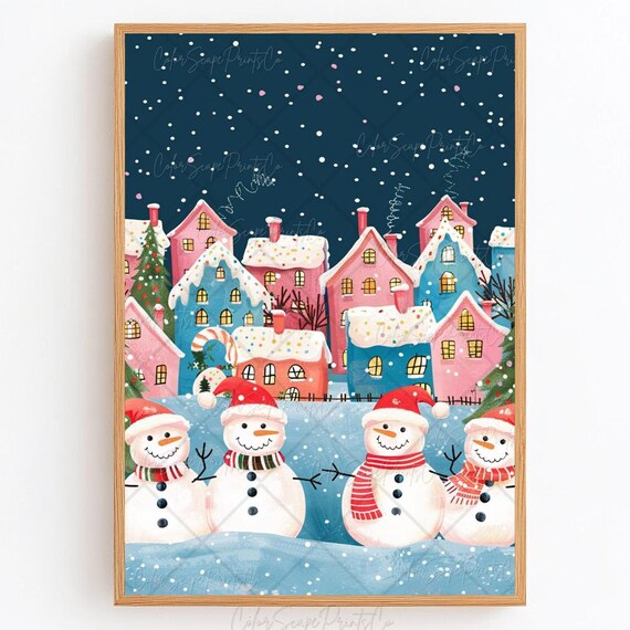 Snowy Christmas Village Poster Snowman Family Pink Houses Decor