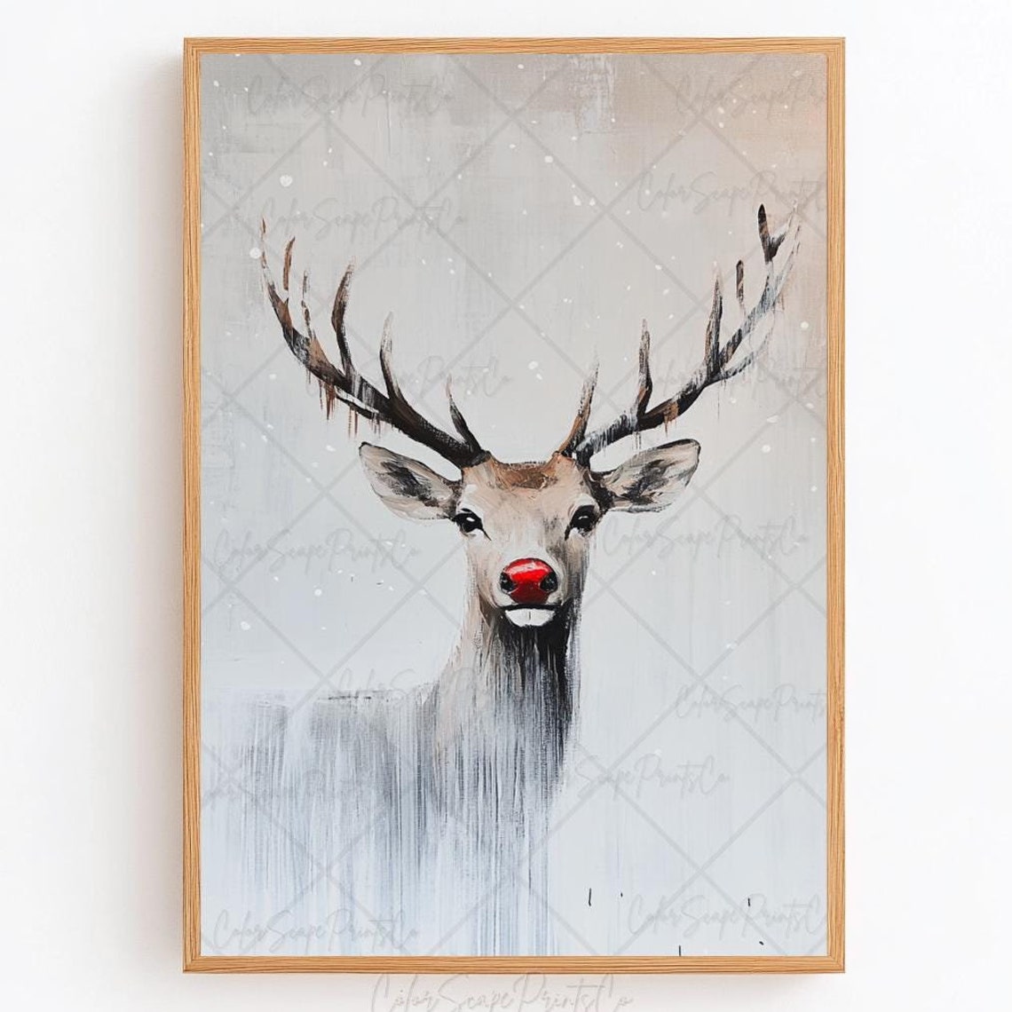 Red Nosed Reindeer Print Vintage Reindeer Art Winter Animal Painting Christmas Woodland Animal Print Rustic Christmas Decor Winter Landscape