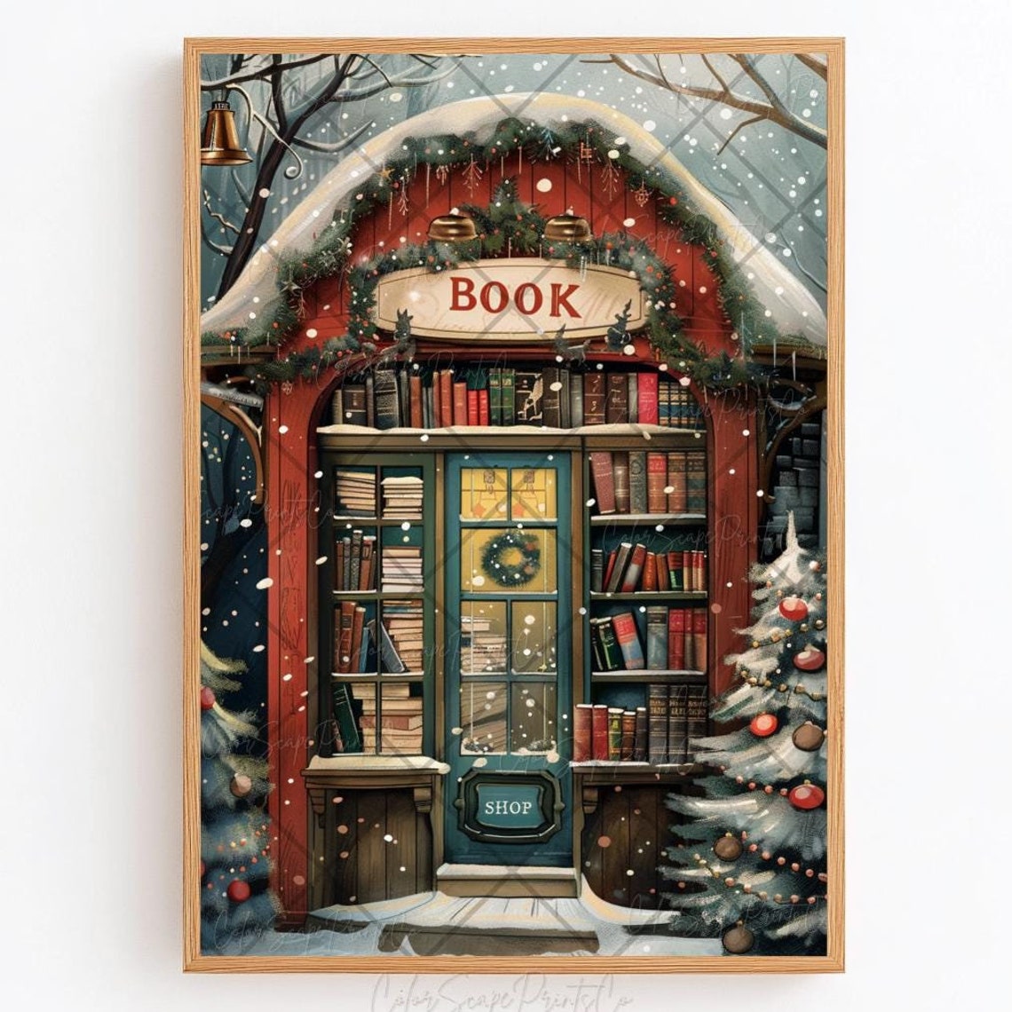 Cozy Red Bookshop Snowy Night Glowing Windows Holiday Poster