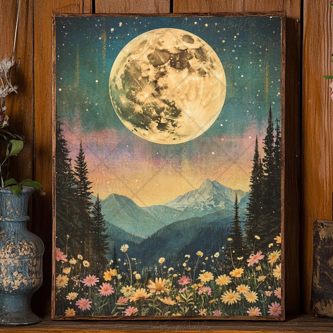 Giant Full Moon Over Mountains and Wildflower Meadow Night Poster
