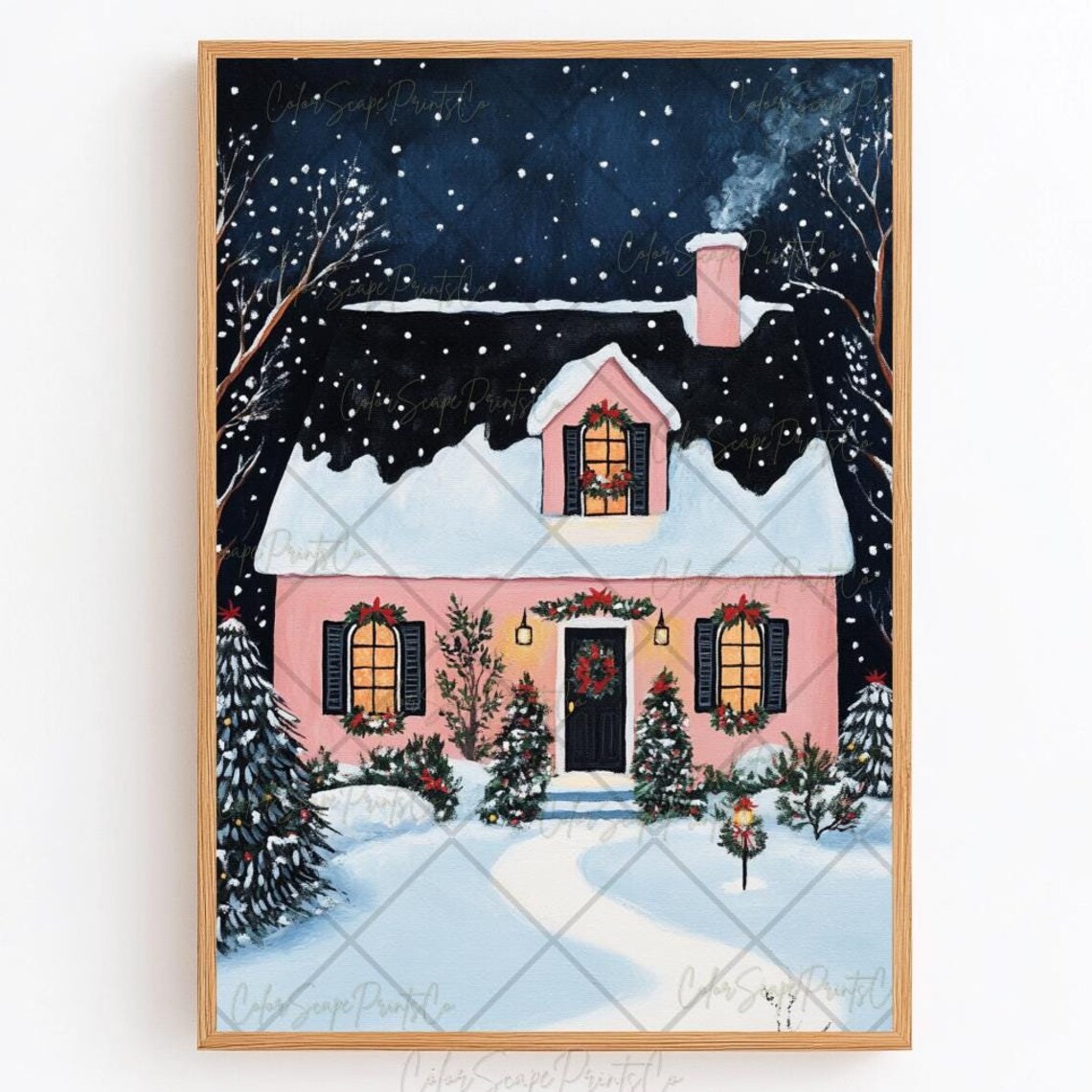 Christmas Houses Painting, Pastel Winter Village Print