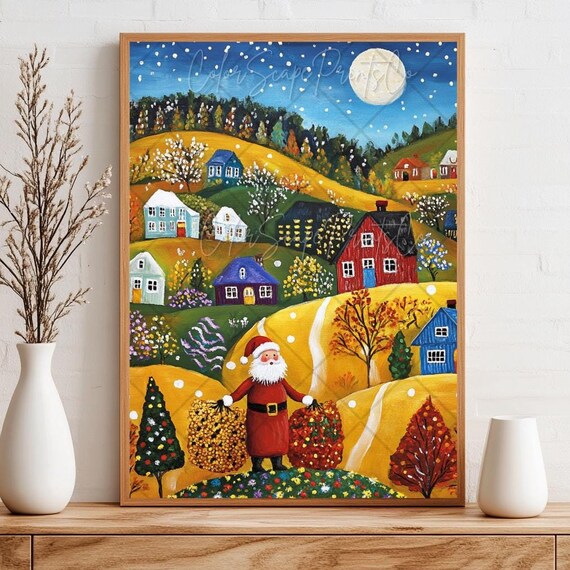 Santa Claus In Christmas Village Painting Colorful Christmas Print Starry Night Snowy Landscape Art Winter Village Print Red Green Christmas