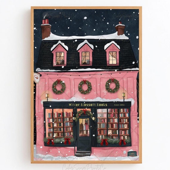 Winter Bookstore Christmas Bookshop New York Art Print
