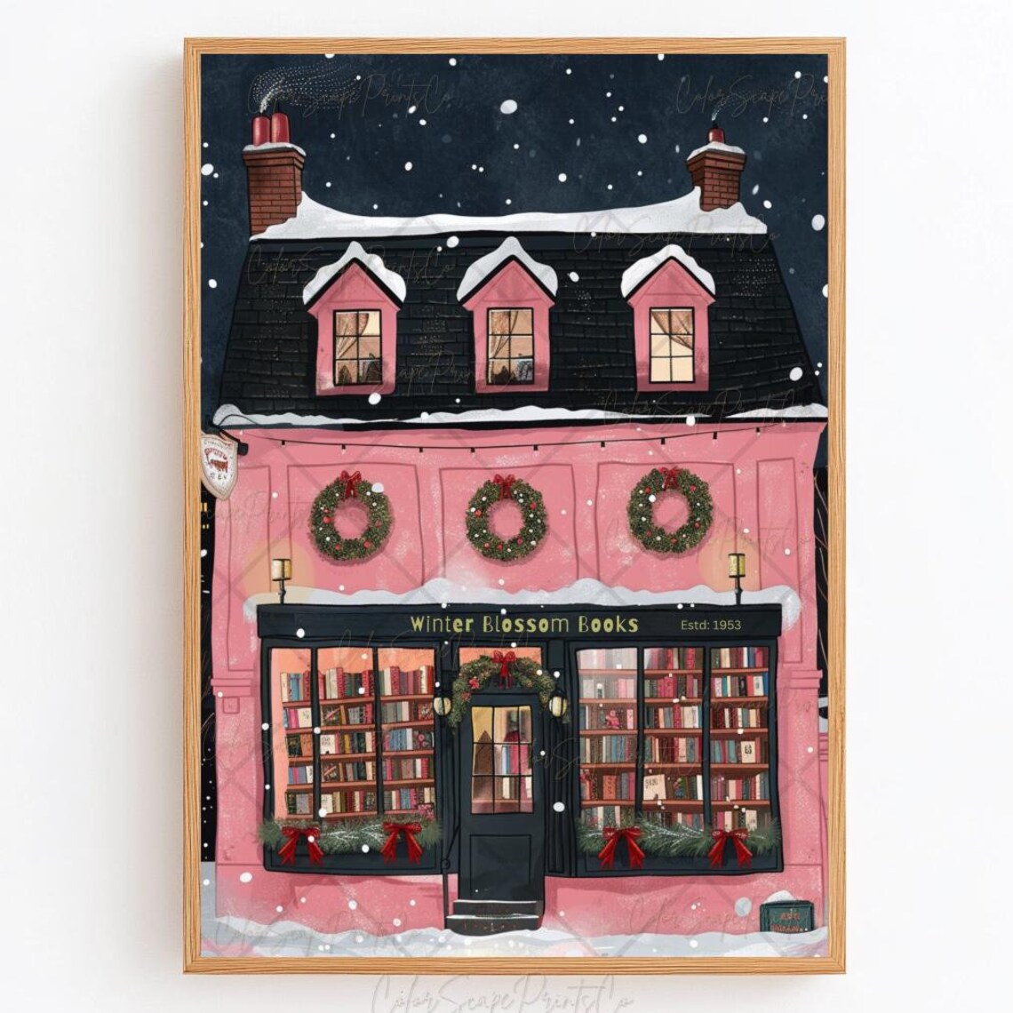 Winter Bookstore Christmas Bookshop New York Art Print