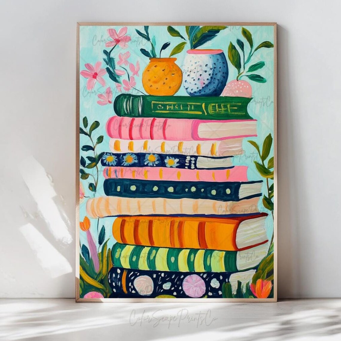 Pastel Book Stack Wall Art Colorful Floral Bookshelf Reading Decor - Image 4