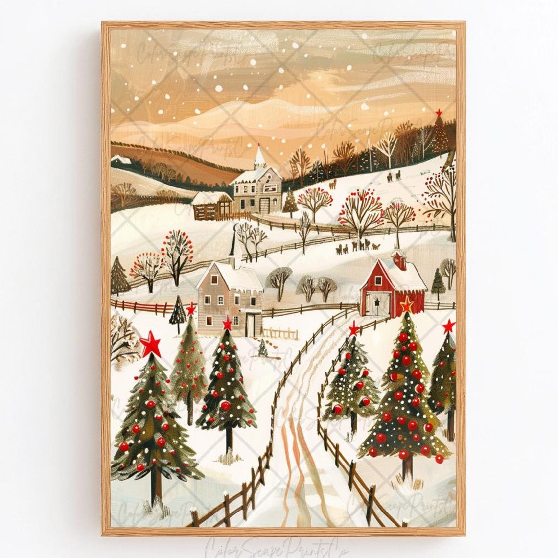 Folk Art Snowy Farm with Decorated Christmas Trees and Red Barn Poster