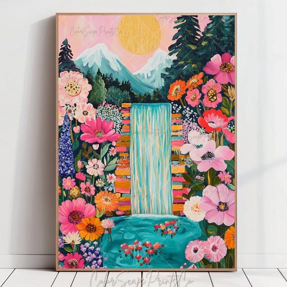 Cute Waterfall Painting Pastel Landscape Art Whimsical Nature Print Colorful Mountain Scenery Vibrant Floral Scene Pink Sky