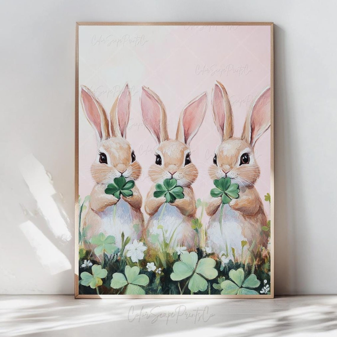 Three Cute Bunnies Holding Shamrocks Spring Nursery Animal Art Poster