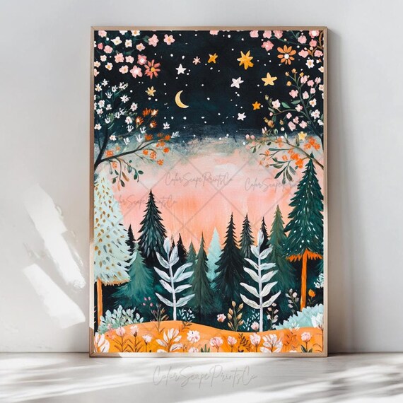 Moonlit Pine Forest Painting Crescent Moon Starry Night Wall Art