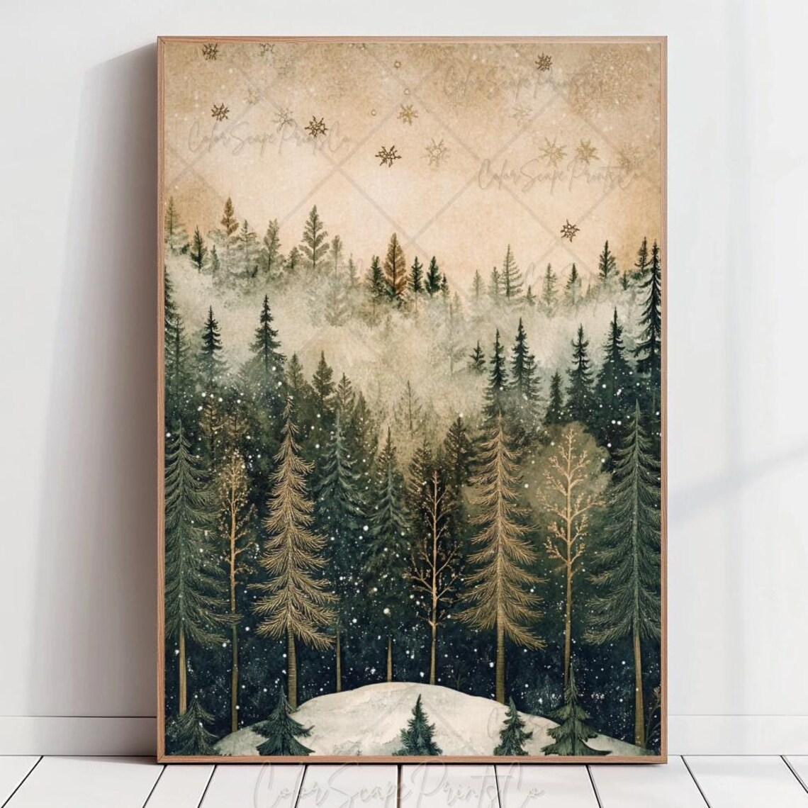 Golden Snowy Evergreen Forest Watercolor Winter Landscape Poster