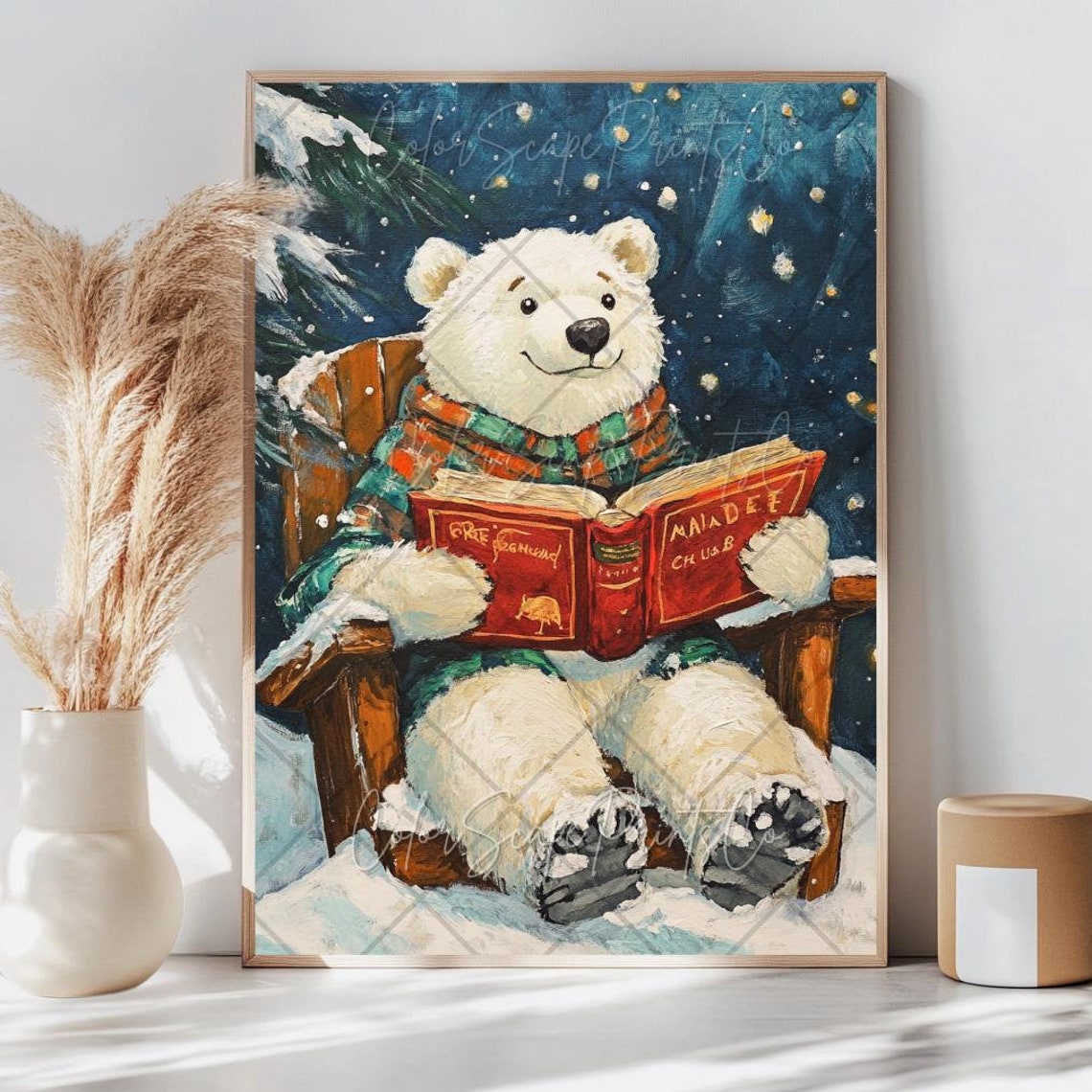 Polar Bear Reading Book in Snow Cozy Winter Booklover Poster