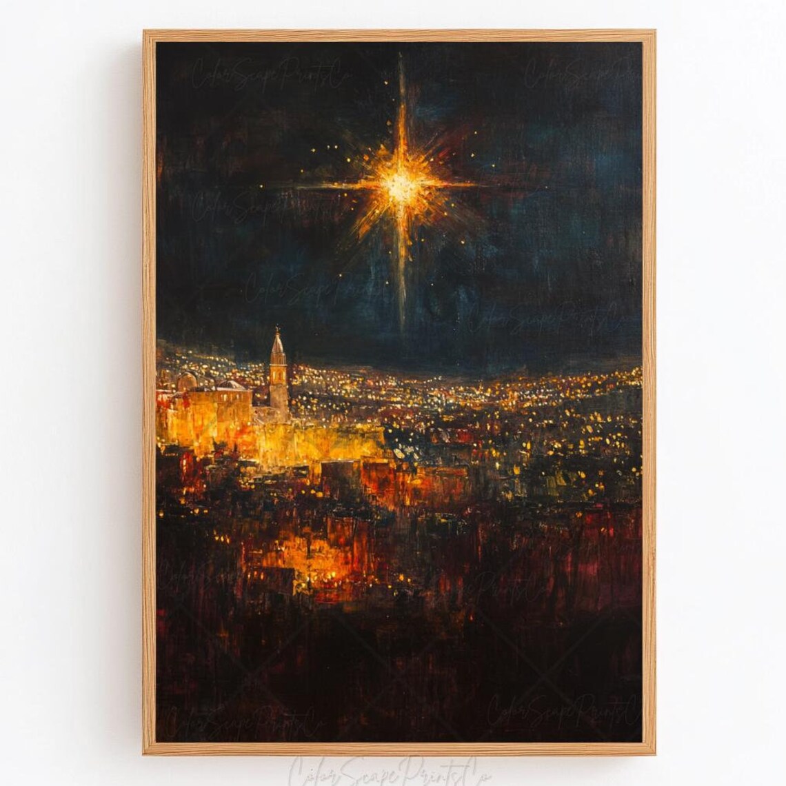 Star of Bethlehem Bright Glowing Night Sky Holy Town Lights Poster