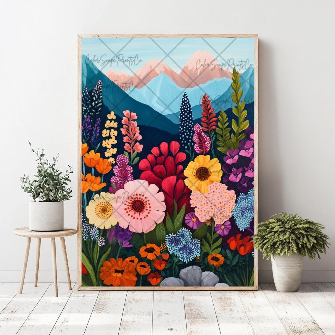 Alpine Wildflower Meadow With Mountain Peaks Botanical Poster