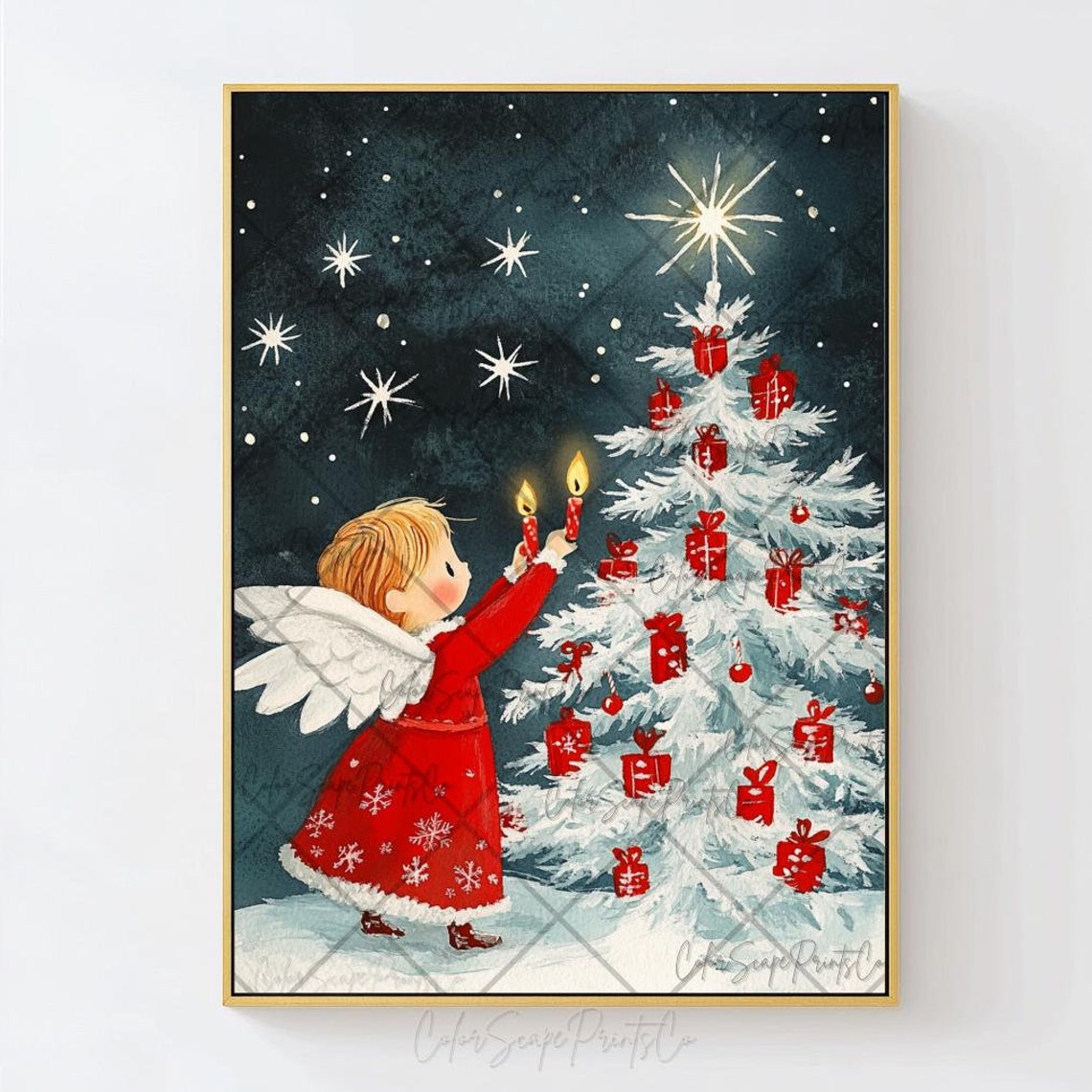 Christmas Angel Lighting Candles on Snowy White Tree Night Sky Poster