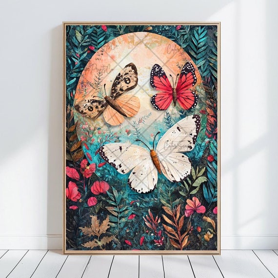 Butterfly Painting Vintage White Butterfly Print Colorful Wall Art Butterfly Flower Painting Antique Moth Painting Floral Butterfly Art