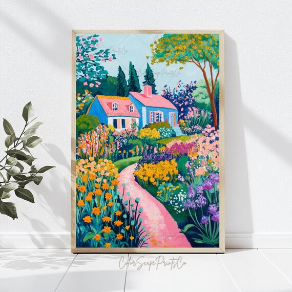 Blue Cottage Wildflower Garden Painting Pink Path Spring Poster