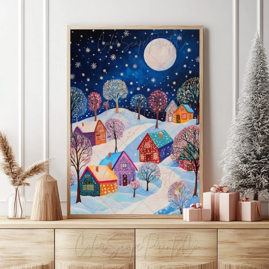 Christmas Village Wall Art Whimsical Winter Wonderland Christmas Wall Art Folk Art Christmas Cozy Season Print Snowy Landscape Winter Scene