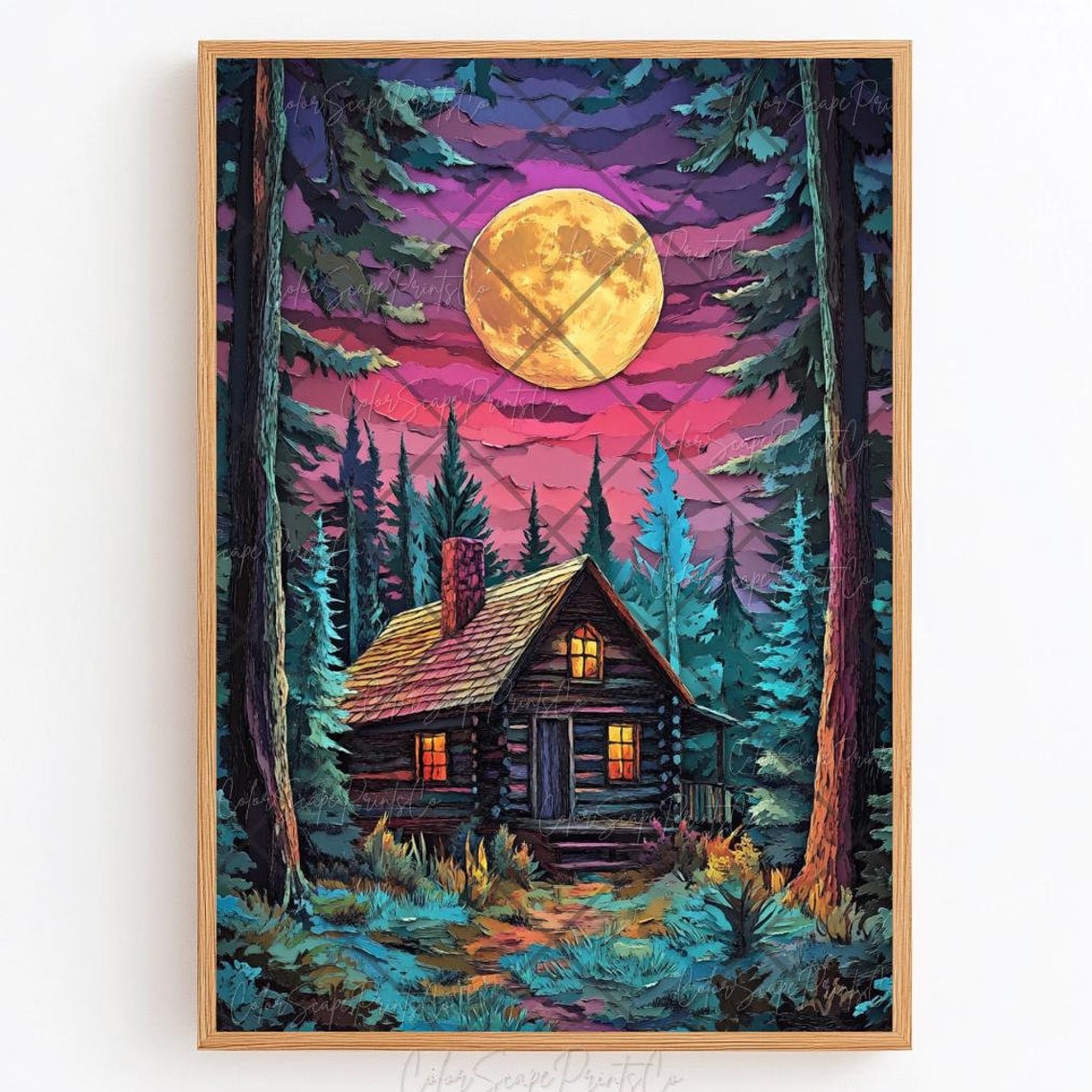 Cozy Moonlit Log Cabin Pine Forest Golden Moon Night Sky Poster