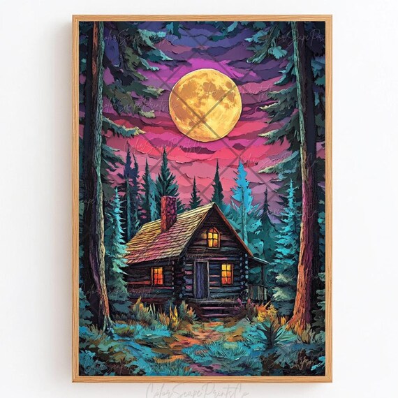 Cozy Moonlit Log Cabin Pine Forest Golden Moon Night Sky Poster