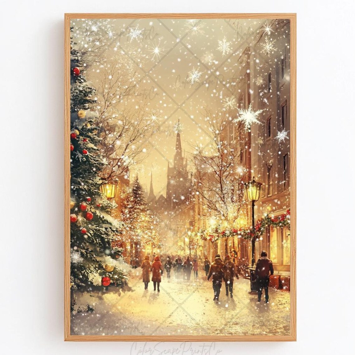 Golden Snowy Christmas Street Lamp Lit Winter Town Evening Poster