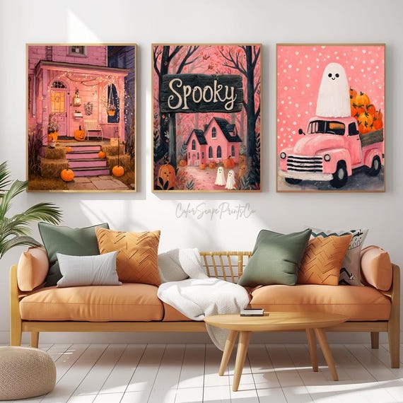 Set Of 3 Pink Halloween Prints Cute Pumpkin Truck Art Spooky House Decor Autumn Wall Gallery Fall