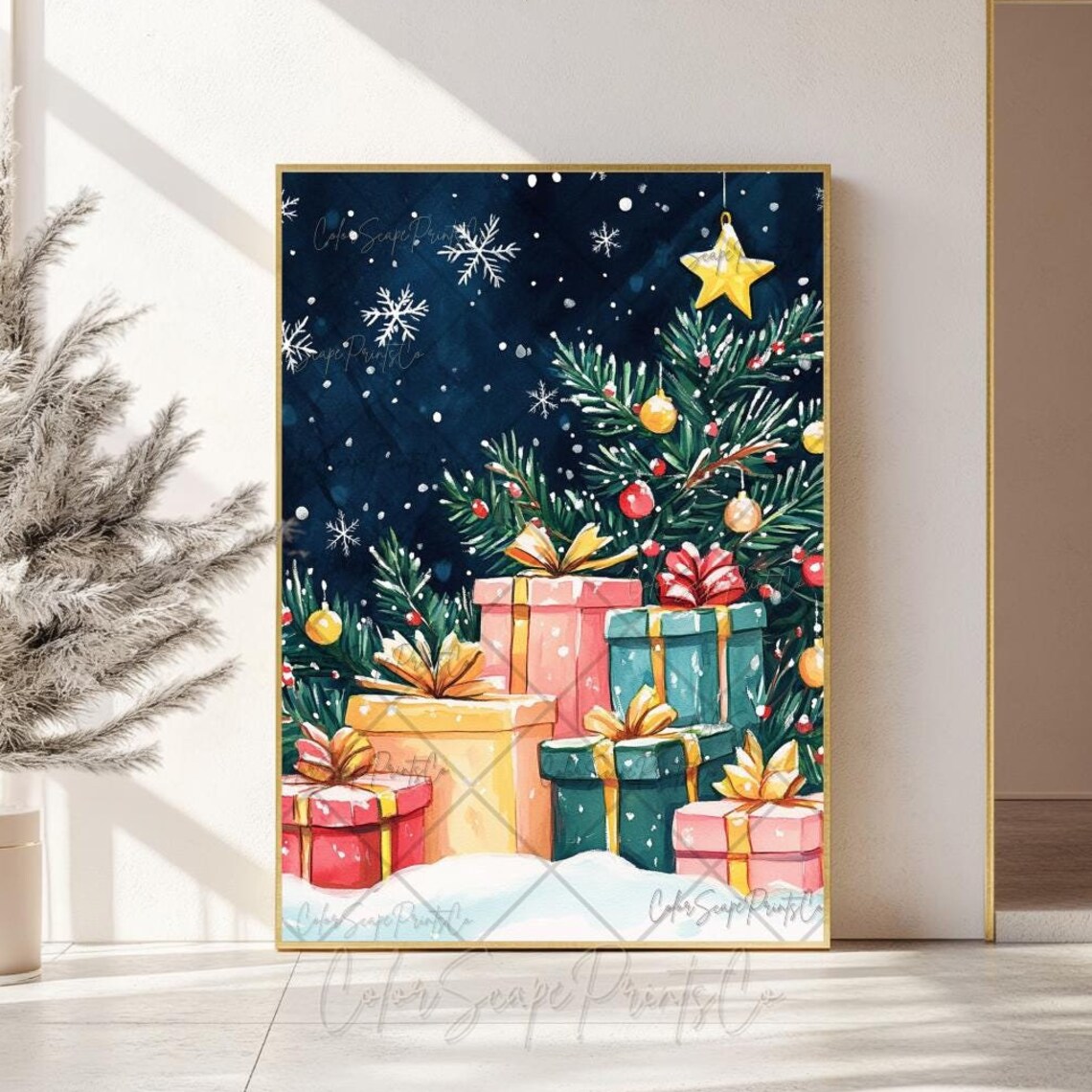 Christmas Gifts Under Tree Night Sky Presents Holiday Poster