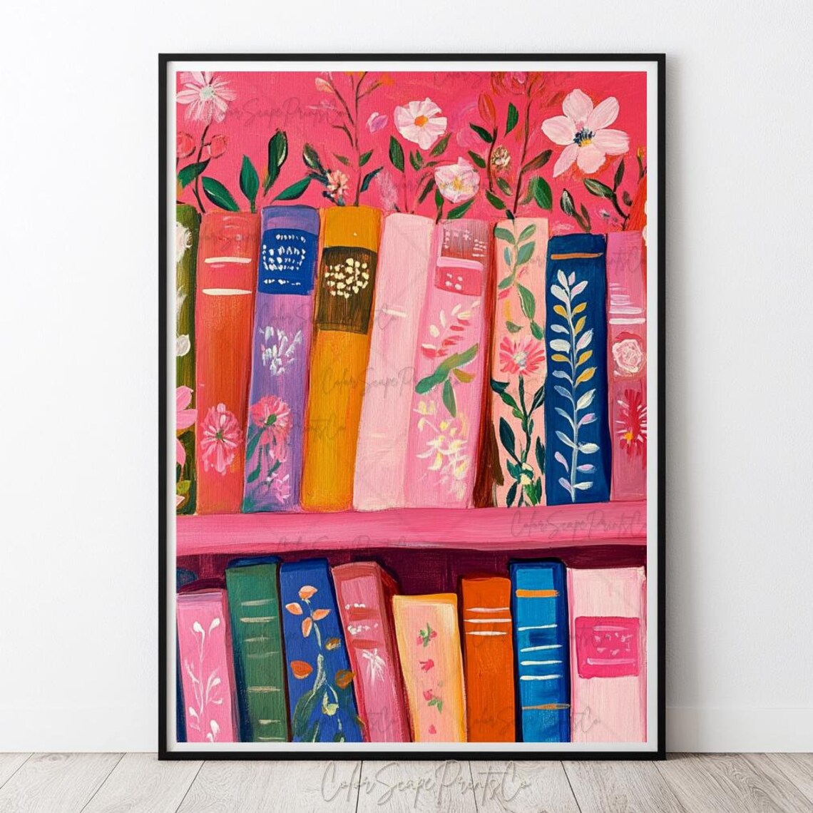 Pink Floral Bookshelf Painting Colorful Botanical Books Wall Art