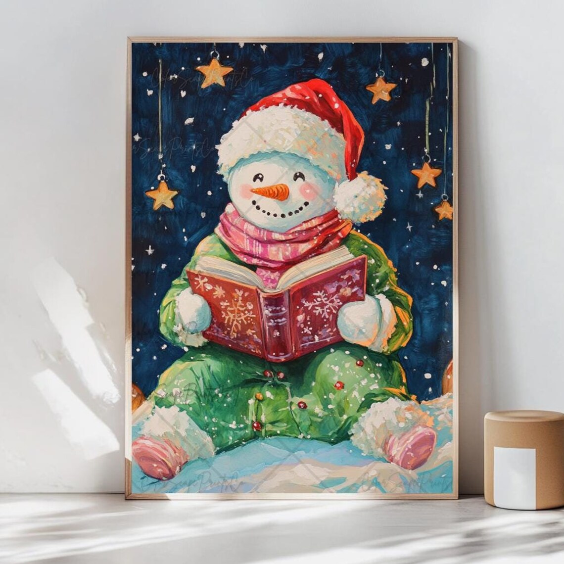 Cute Snowman Reading Book Starry Night Christmas Holiday Art Poster