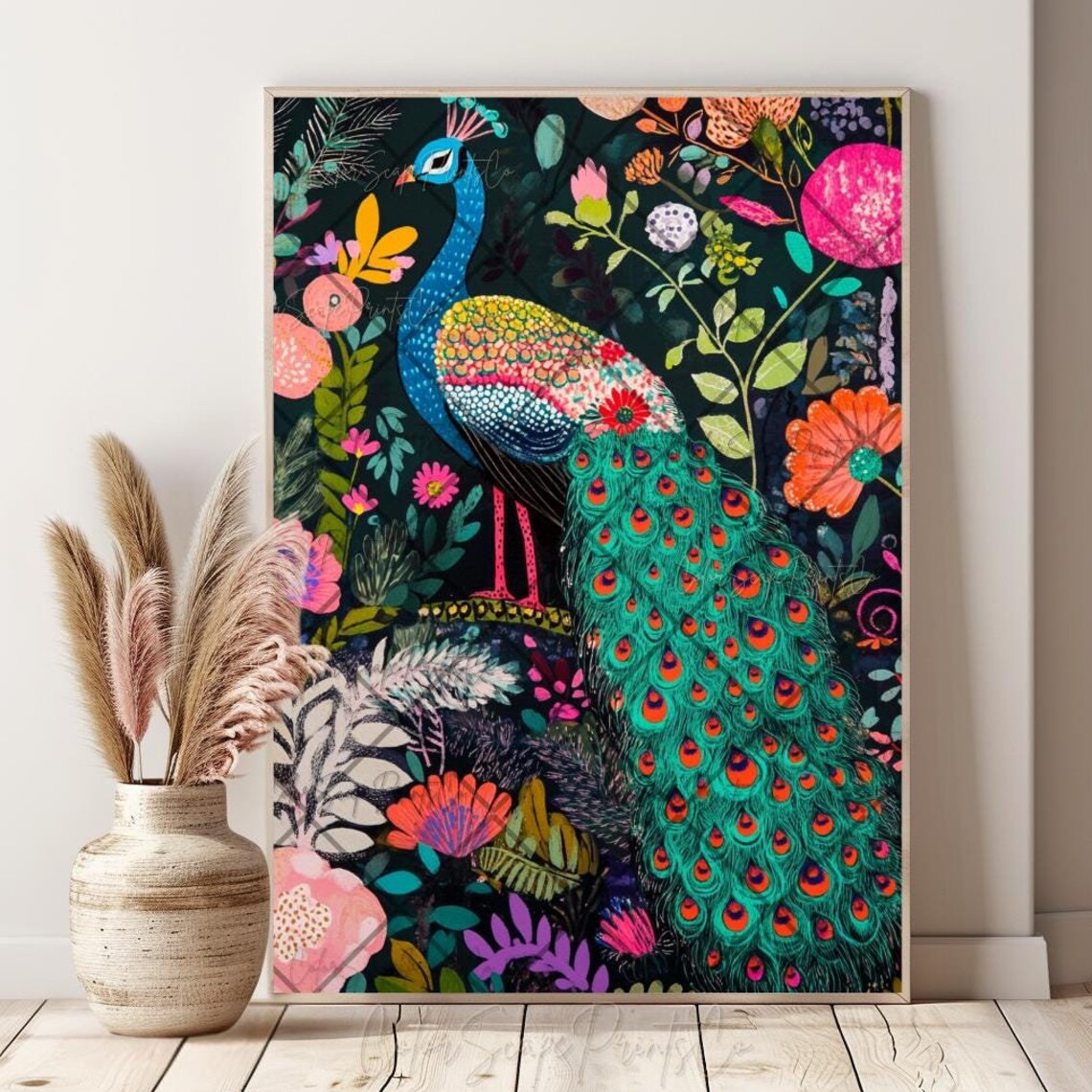 Peacock Painting, Colorful Floral Peacock Print