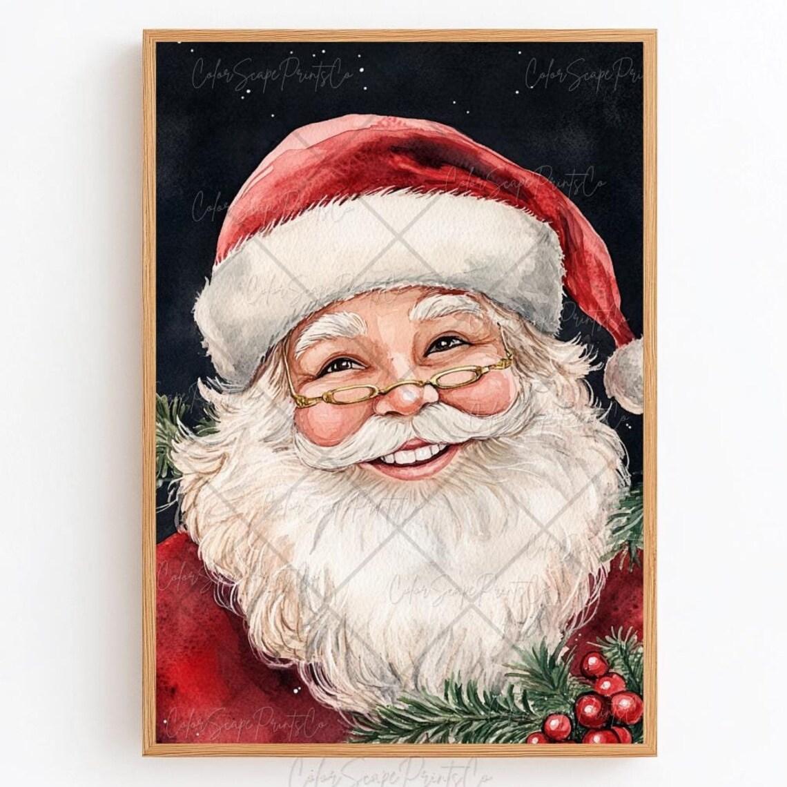 Laughing Santa Claus Portrait Glasses Starry Night Christmas Poster