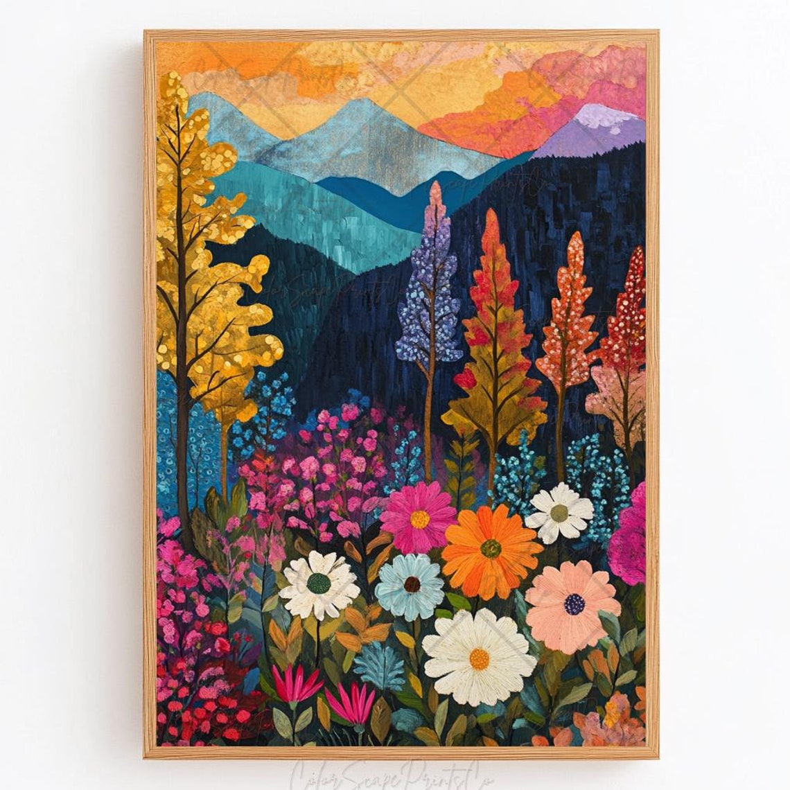 Wildflower Meadow Mountain Sunset Colorful Landscape Wall Art