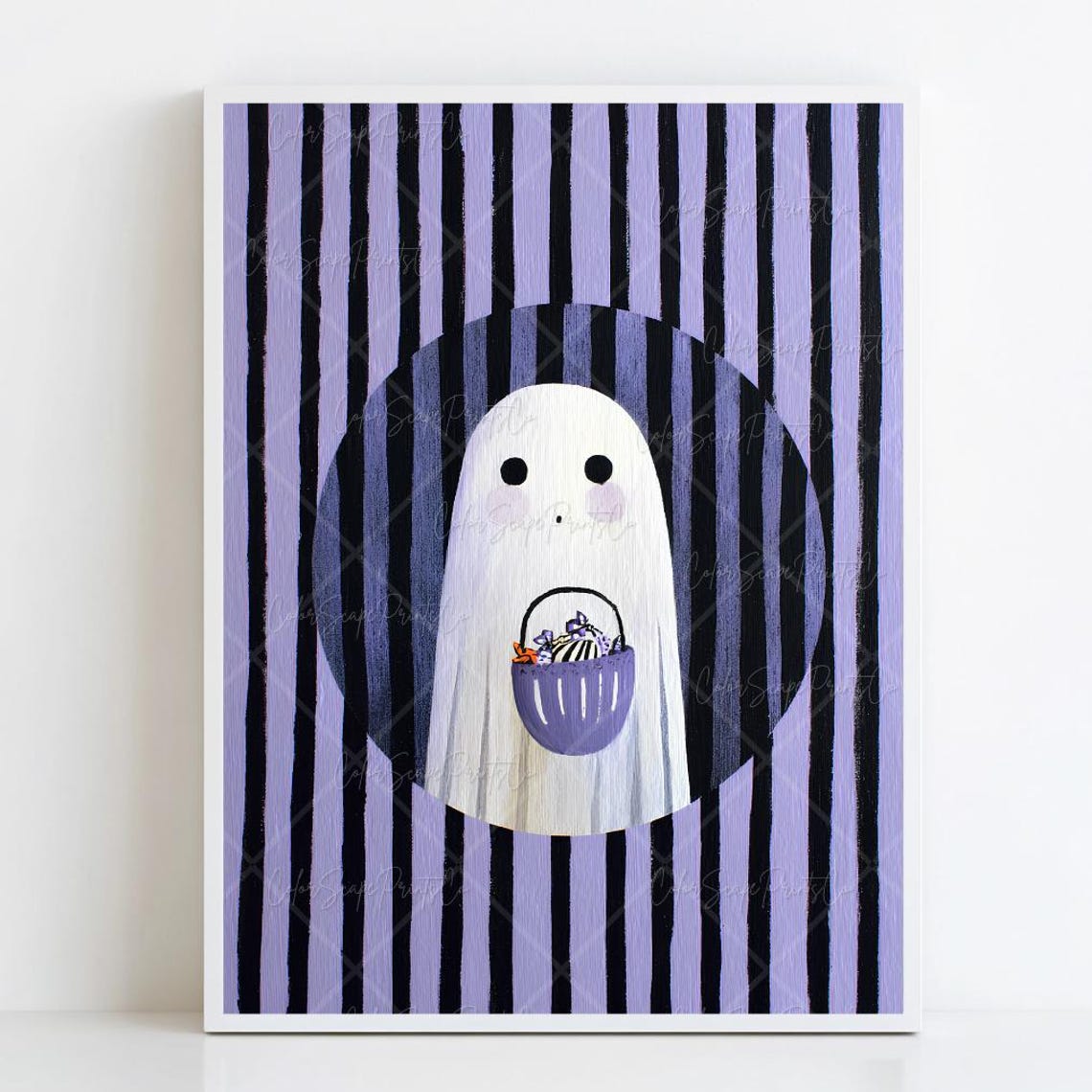 Cute Ghost Holding Treat Bucket Striped Halloween Night Poster