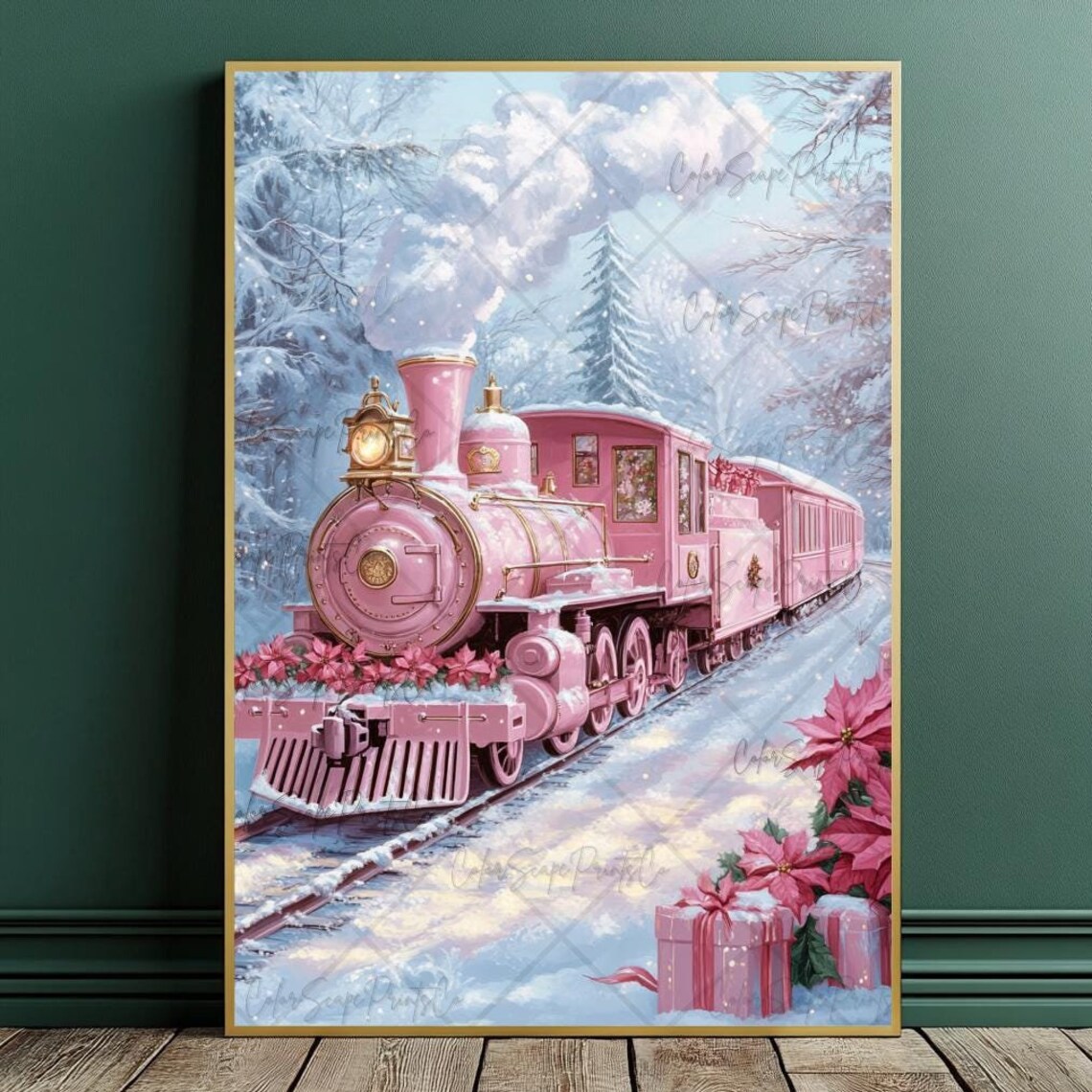 Pink Christmas Train Snowy Forest Steam Locomotive Holiday Poster