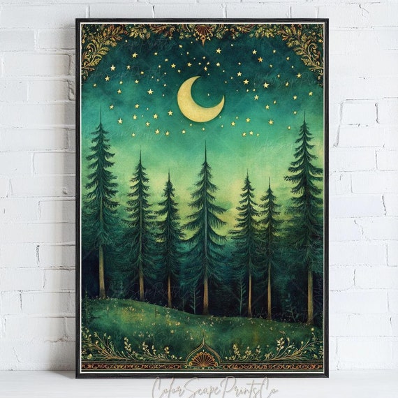 Moon And Stars Wall Art Dark Forest Painting Enchanted Night Print Green Gold Decor Vintage Landscape