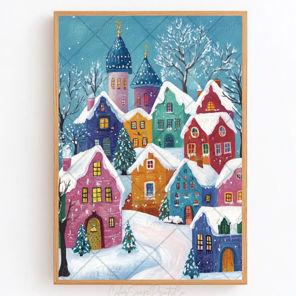 Colorful Snowy Christmas Village Under Starry Blue Sky Painting Poster