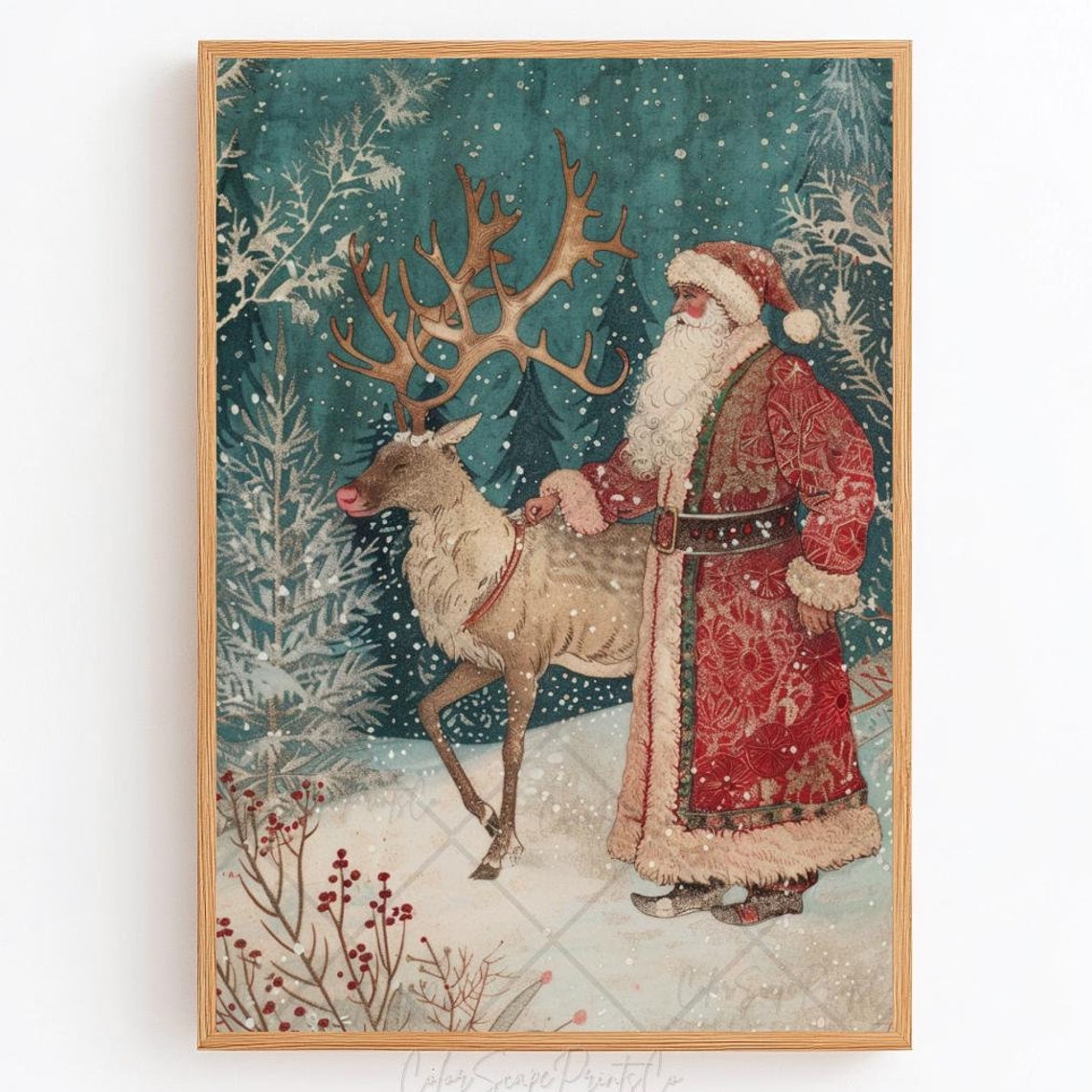Santa Claus And Reindeer Wall Art Vintage Santa Claus Painting Santa Claus In Winter Forest Print Whimsical Christmas Print Ready To Hang