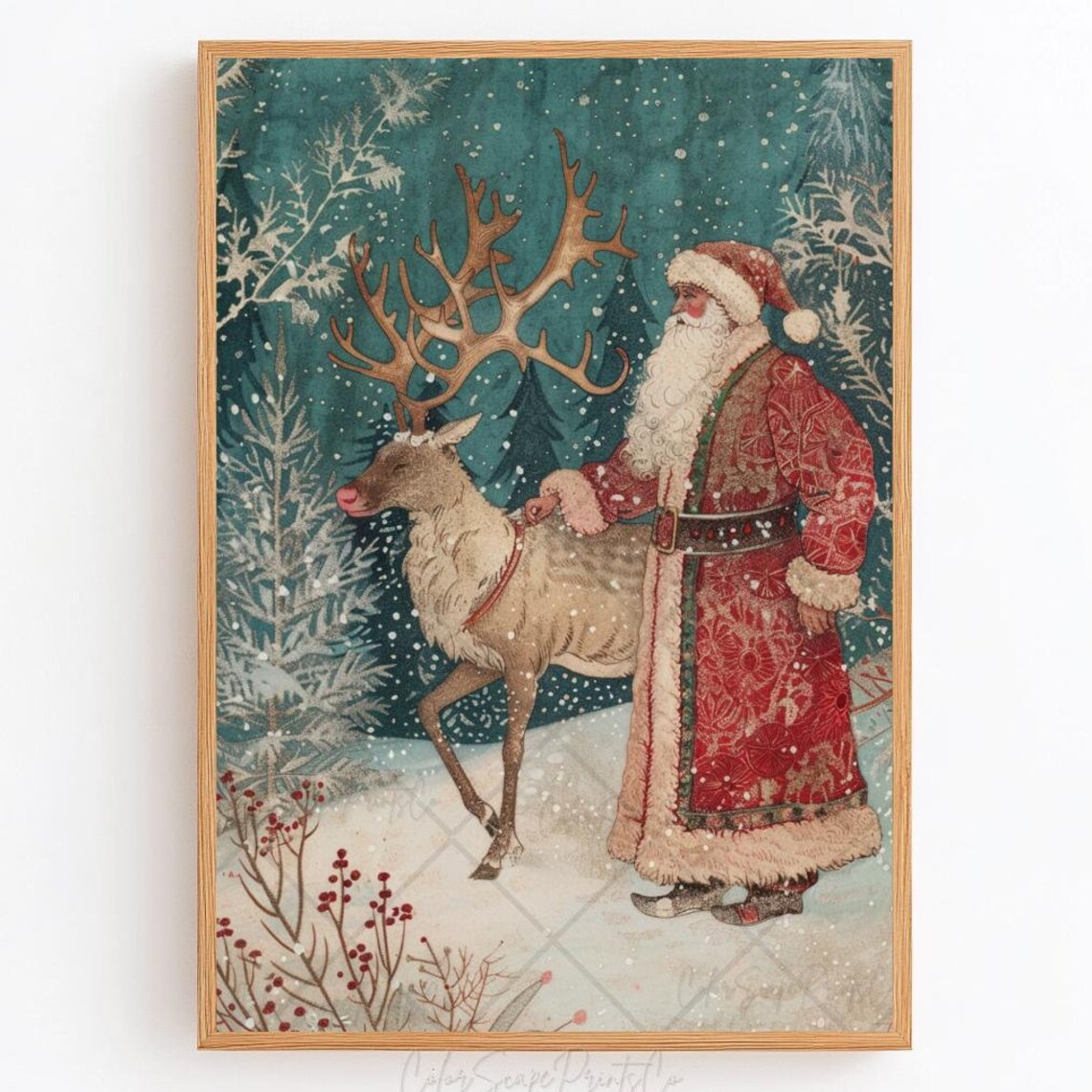 Vintage Santa Claus and Reindeer Christmas Snowy Teal Forest Poster