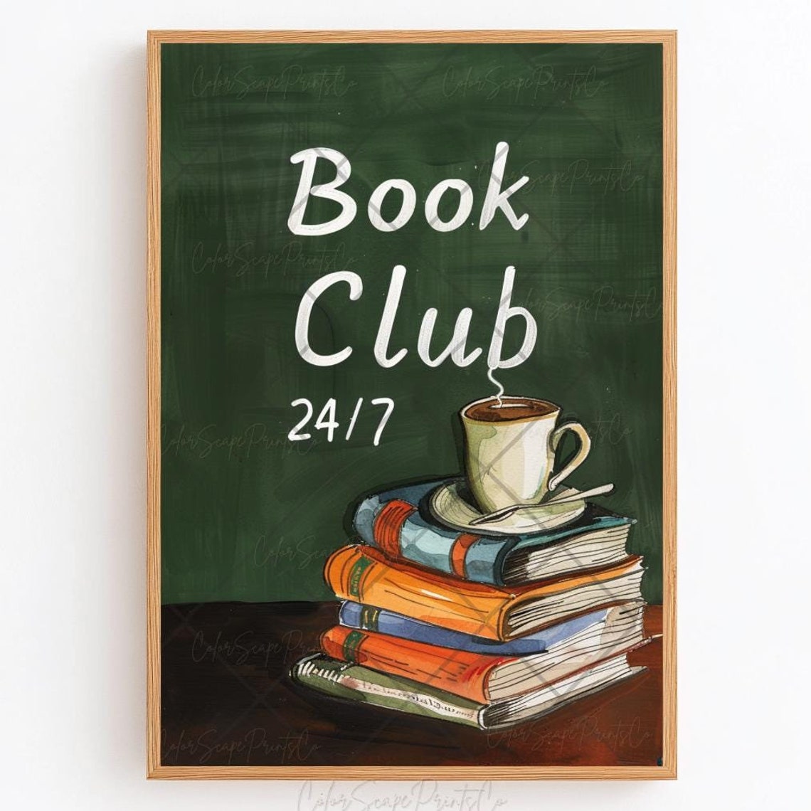 Book Club 24-7 Reading Chalkboard Art Books and Coffee Cup Poster
