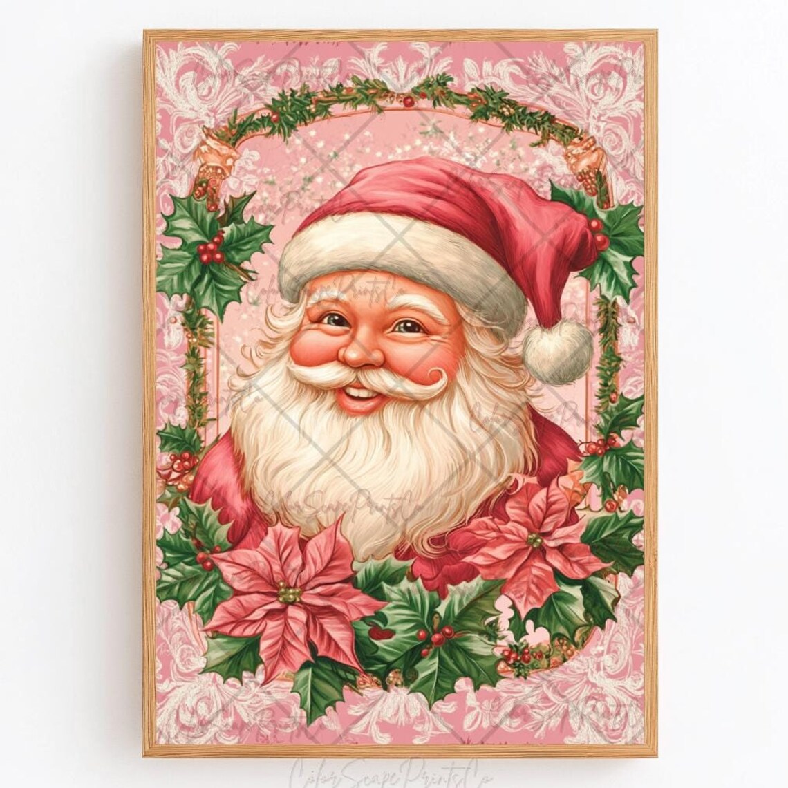 Pink Santa Claus Portrait with Poinsettias and Holly Vintage Poster