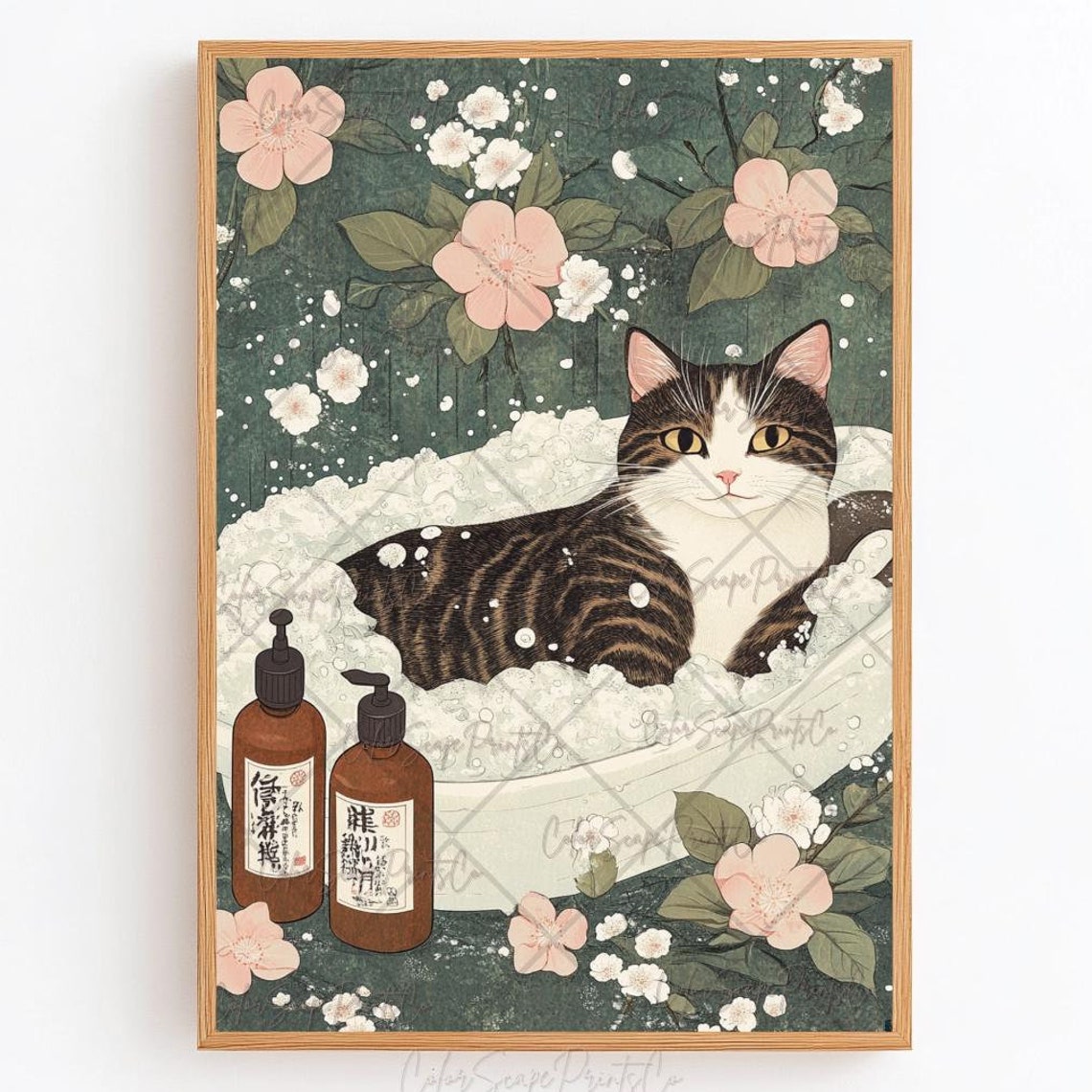 Tabby Cat Bubble Bath With Cherry Blossoms Relaxing Spa Art Poster