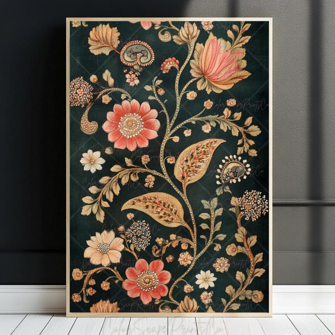 Vintage Mughal Floral Poster Dark Green Gold Antique Botanical Decor