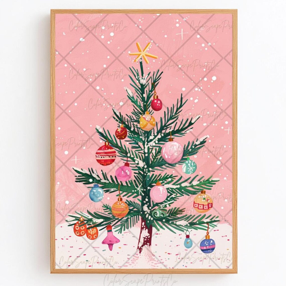 Pink Christmas Tree Colorful Ornaments Holiday Watercolor Poster