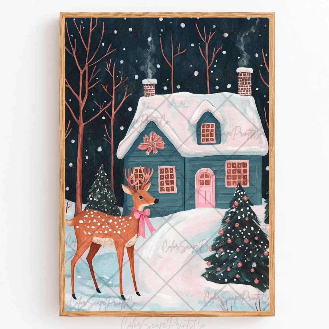 Christmas Reindeer with Pink Bow at Snowy Cabin Holiday Poster