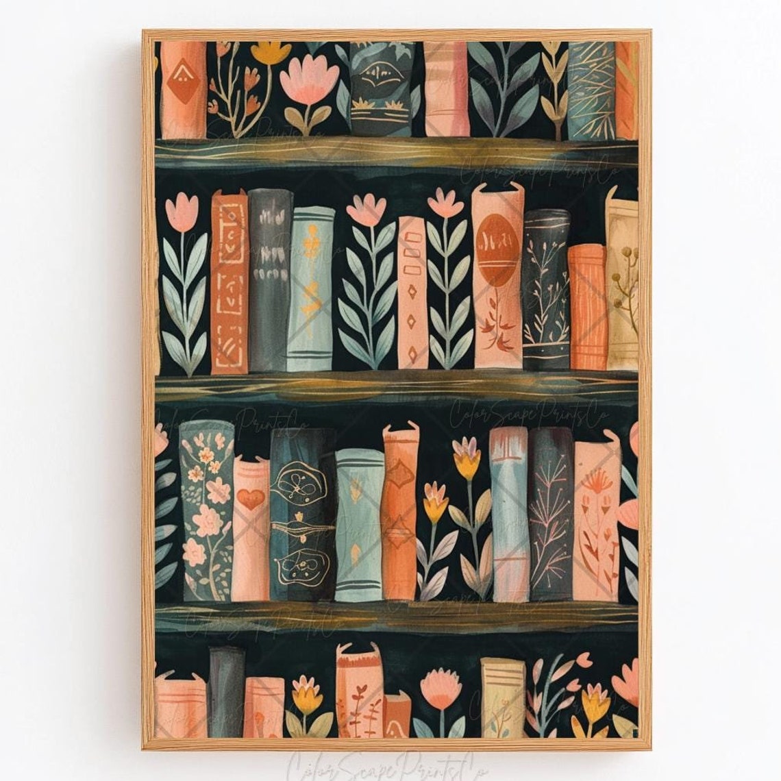 Dark Academia Bookshelf Illustrated Books and Flowers Poster