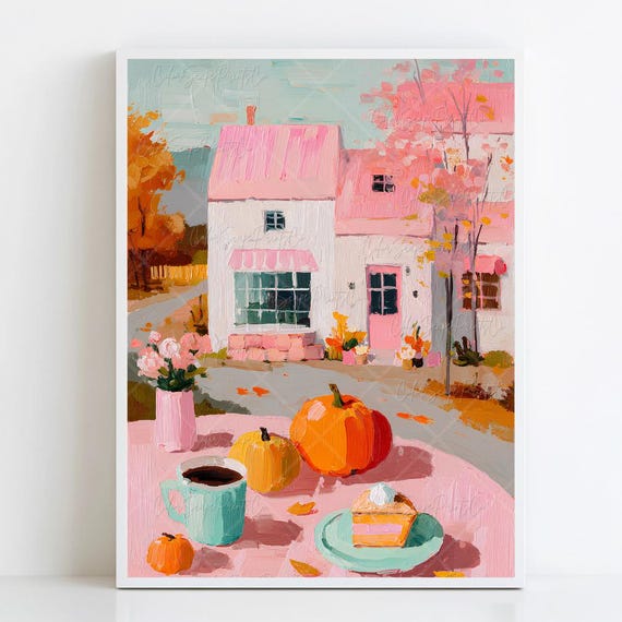 Pastel Autumn Painting Pink Fall Village Landscape Scene Pumpkin Pie And Coffee Kitchen
