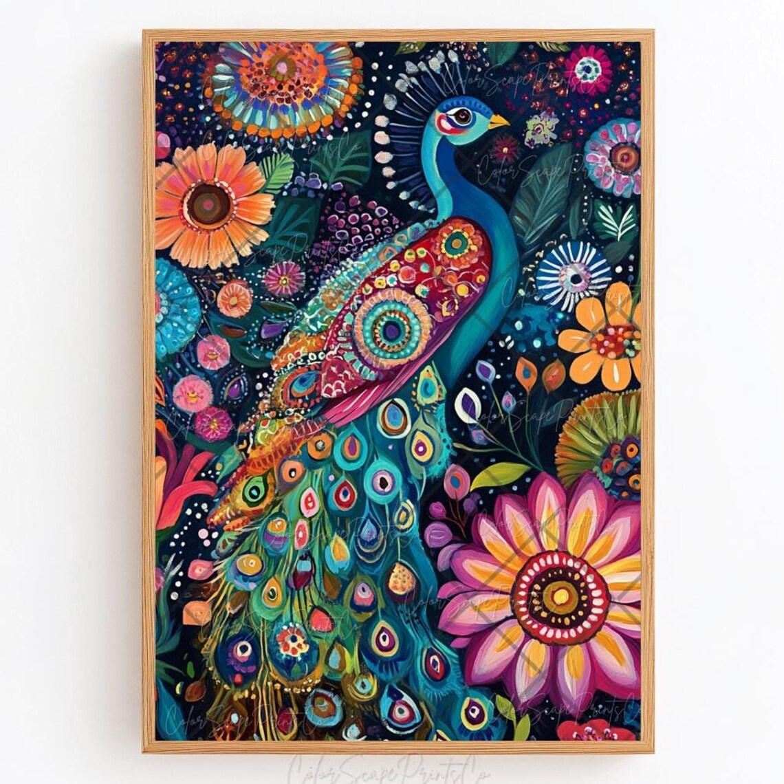 Vibrant Peacock Mandala Flower Garden Dark Botanical Art Poster