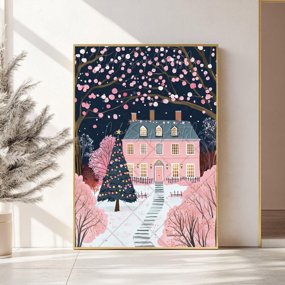 Pink Christmas House Print Pink Christmas Wall Art Pink Winter Pink Winter Village Wall Art Pastel Winter Painting Girly Christmas