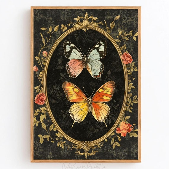 Butterfly Painting Butterfly Wall Art Antique Moth Wall Art Colorful Butterflies Art Dark Moody Insect Flower Butterflies Painting